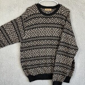 Waliki 100% Alpaca Hair Sweater Crew Neck Men Large Black Tan Geometric Pullover